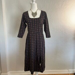 Known Supply Women's M Ellery Dress A-line Square Neck Cotton Midi Black Print